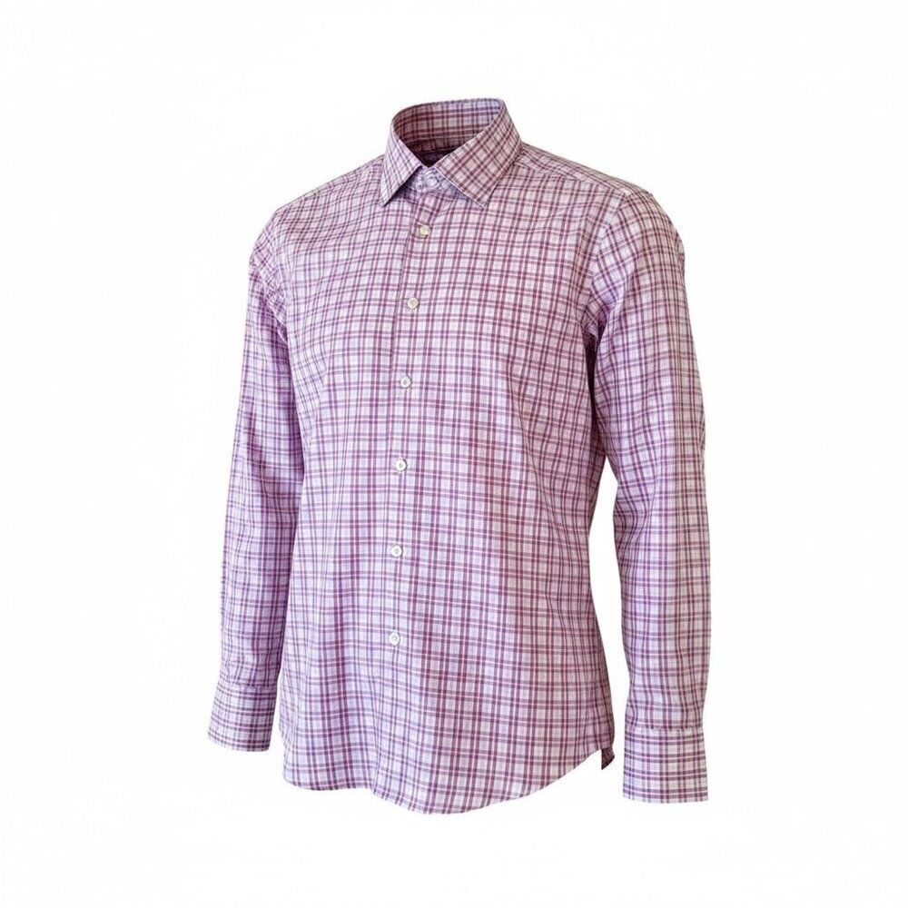 David Donahue Pink White Plaid Trim Fit Dress Casual Shirt Size 16.5/32-33